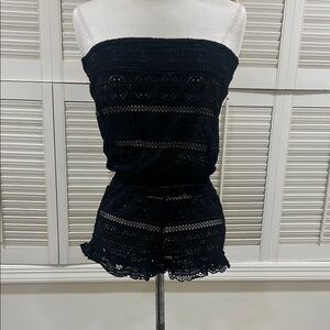 Girls Black Lace Strapless Romper